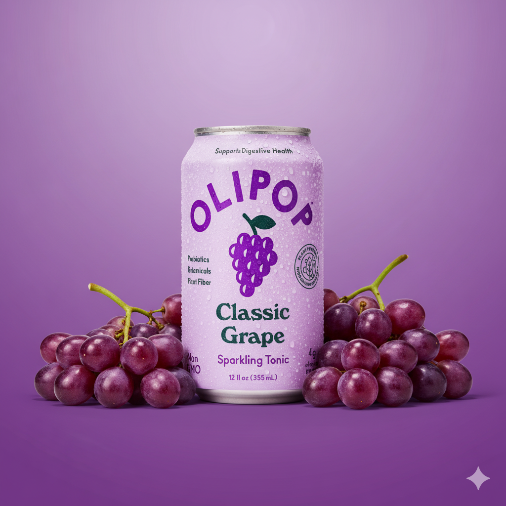 A can of Olipop against a dark background